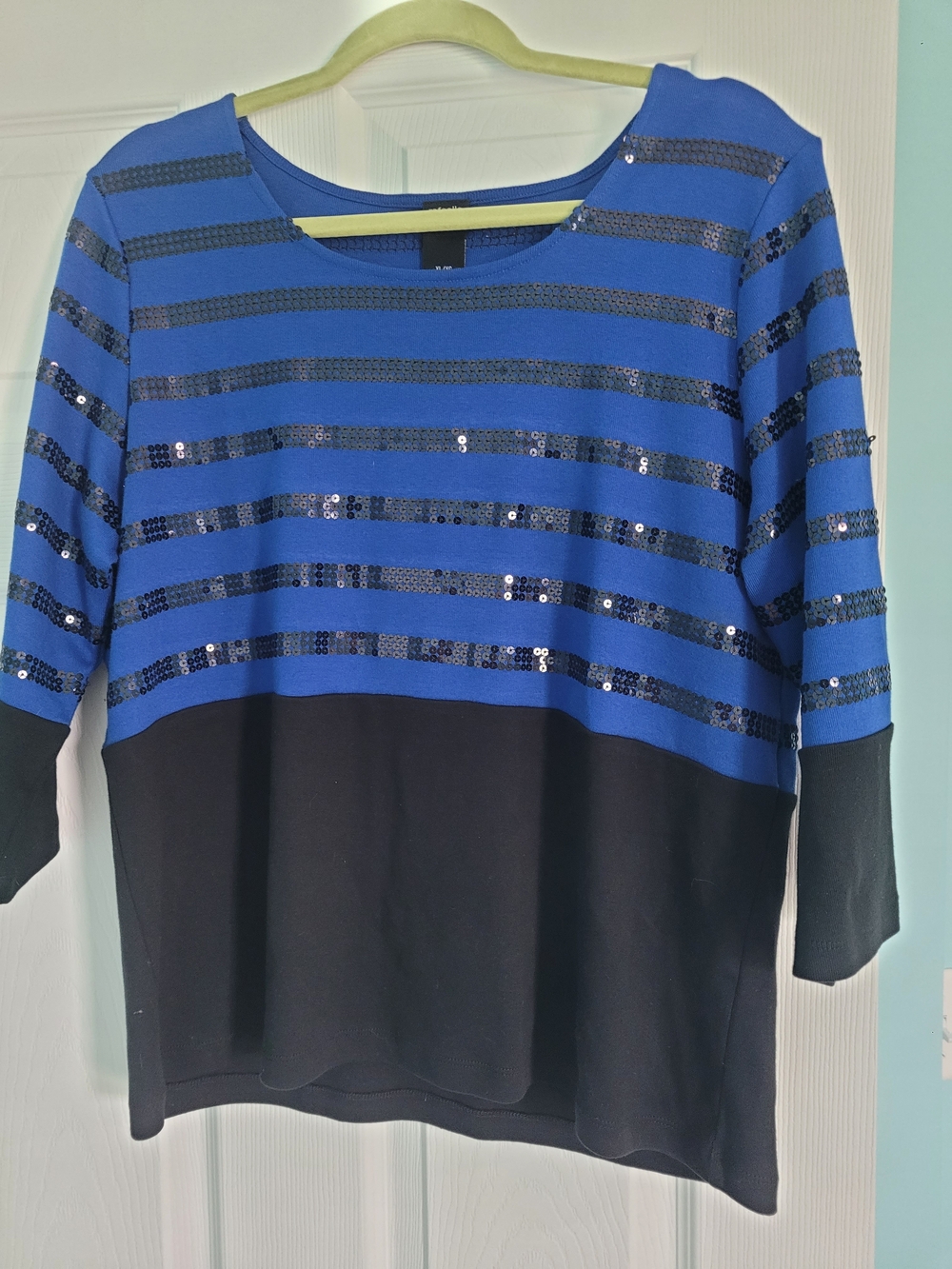 Rafaella Blue and Black Sequin Stripe Scoop-Neck Top